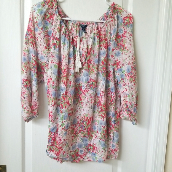 Chaps/ Boho Flowy Floral Print Top w/Tassle Tie Front - Picture 1 of 7